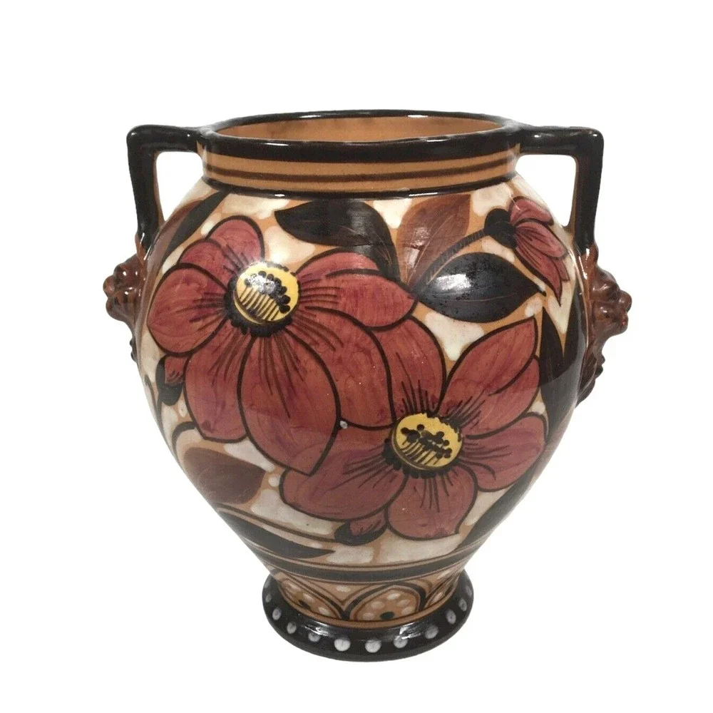 Lion Head Italian Vase Ceramic Glazed Double Handle Floral 7.5” Italy Signed